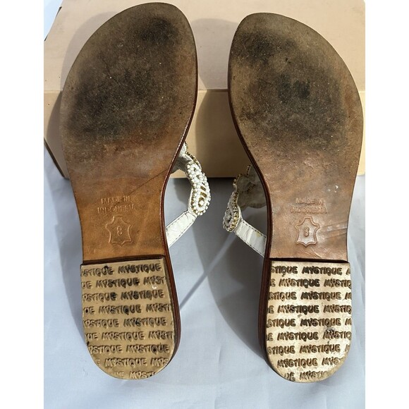 MYSTIQUE White Gold Beaded Pearl Boho Leather Thong Sandals Flip Flop Sz 8 - Picture 10 of 13
